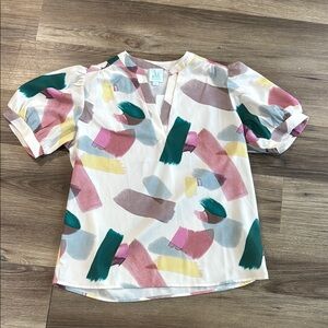 Women's Size Small Puff Sleeve‎ Top Blouse Yellow Blue Green Polyester Abstract